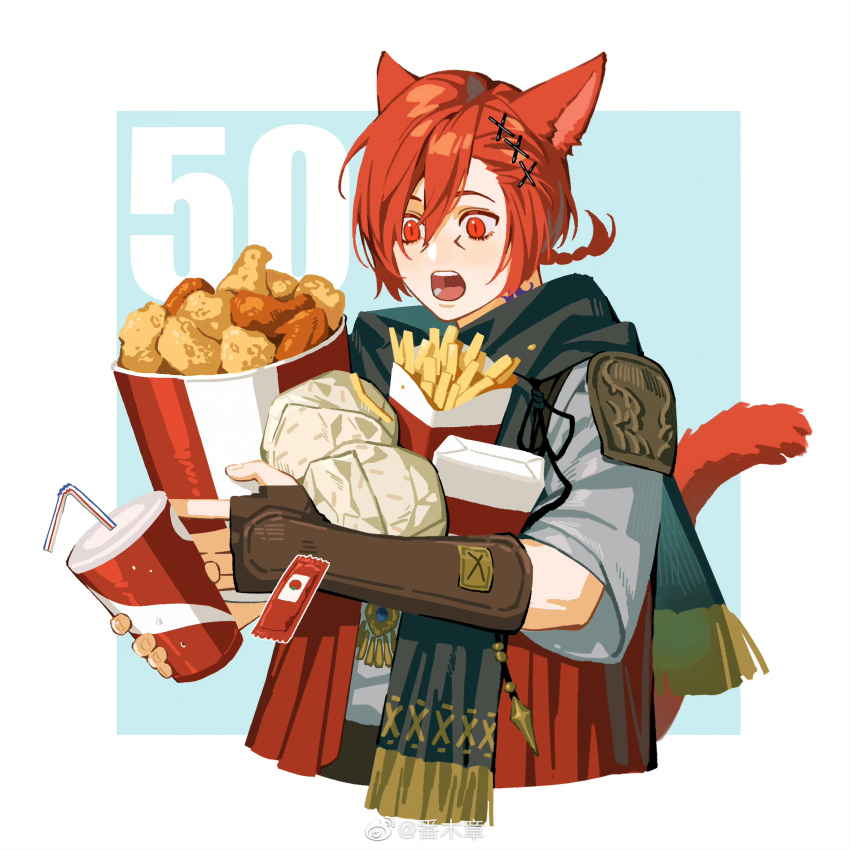 1boy :o absurdres animal_ears bangs black_scarf blue_background border braid braided_ponytail brown_gloves bucket_of_chicken burger cat_boy cat_ears cat_tail chinese_commentary commentary_request cropped_torso cup disposable_cup drink drinking_straw elbow_gloves facial_mark fan_mu_zhang fast_food final_fantasy final_fantasy_xiv fingerless_gloves food french_fries fried_chicken fringe_trim from_side g'raha_tia gloves grey_shirt hair_between_eyes hair_ornament highres holding holding_cup holding_food ketchup looking_at_food looking_down low_ponytail male_focus miqo'te neck_tattoo open_mouth outside_border red_eyes redhead scarf shirt short_hair single_braid slit_pupils solo swept_bangs tail tattoo upper_body weibo_logo weibo_username white_border wide-eyed wrapper x_hair_ornament