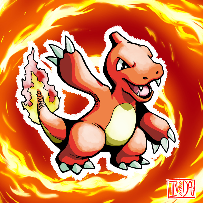 artist_logo artist_name bright_pupils charmeleon claws colored_skin fangs fire full_body highres inker_dog no_humans non-web_source open_mouth outline pokemon pokemon_(creature) pokemon_(game) red_background red_skin self_upload tongue white_outline