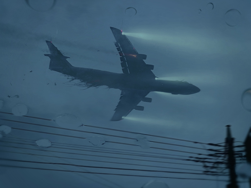 absurdres aircraft airplane blue_theme debris falling fire fog glowing highres horror_(theme) kakesoba lights no_humans original overcast power_lines puddle rain reflection water