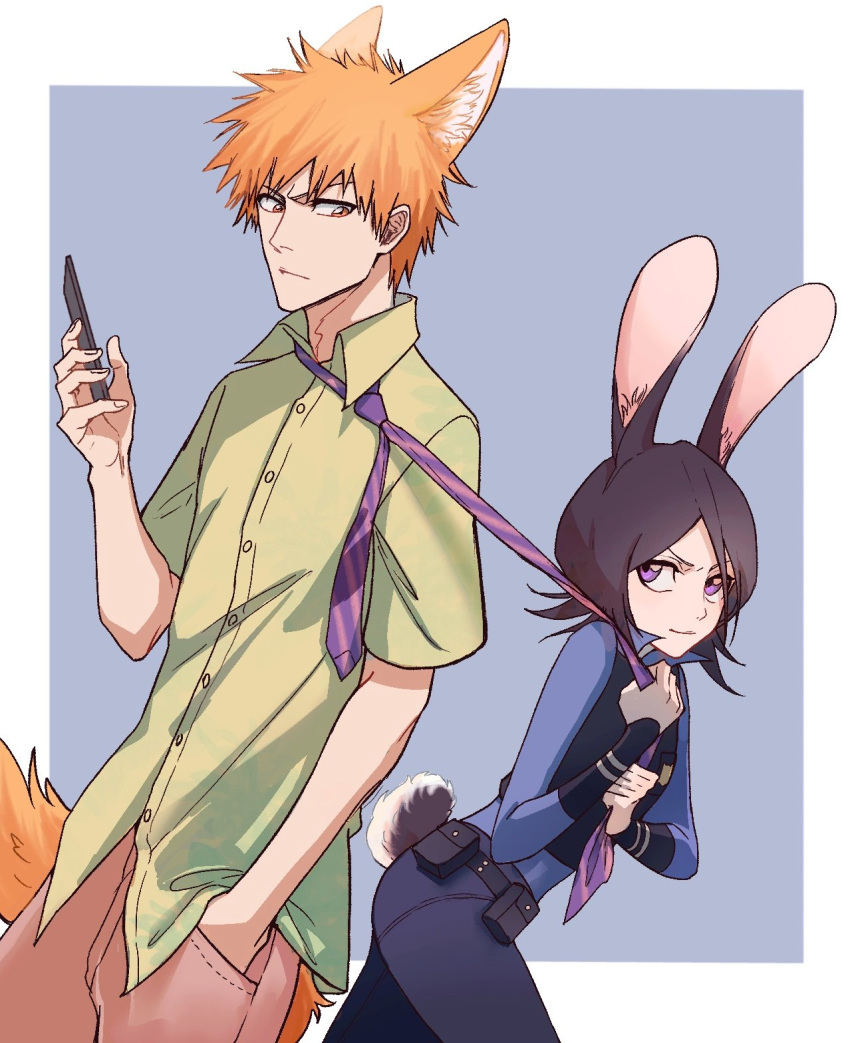 1boy 1girl animal_ears black_hair bleach breasts cmwl_514 disney fox_ears hair_between_eyes hetero highres judy_hopps kuchiki_rukia kurosaki_ichigo long_sleeves necktie nick_wilde orange_hair pants police police_uniform policewoman rabbit_ears rabbit_tail shirt short_hair simple_background small_breasts smile tail uniform violet_eyes zootopia