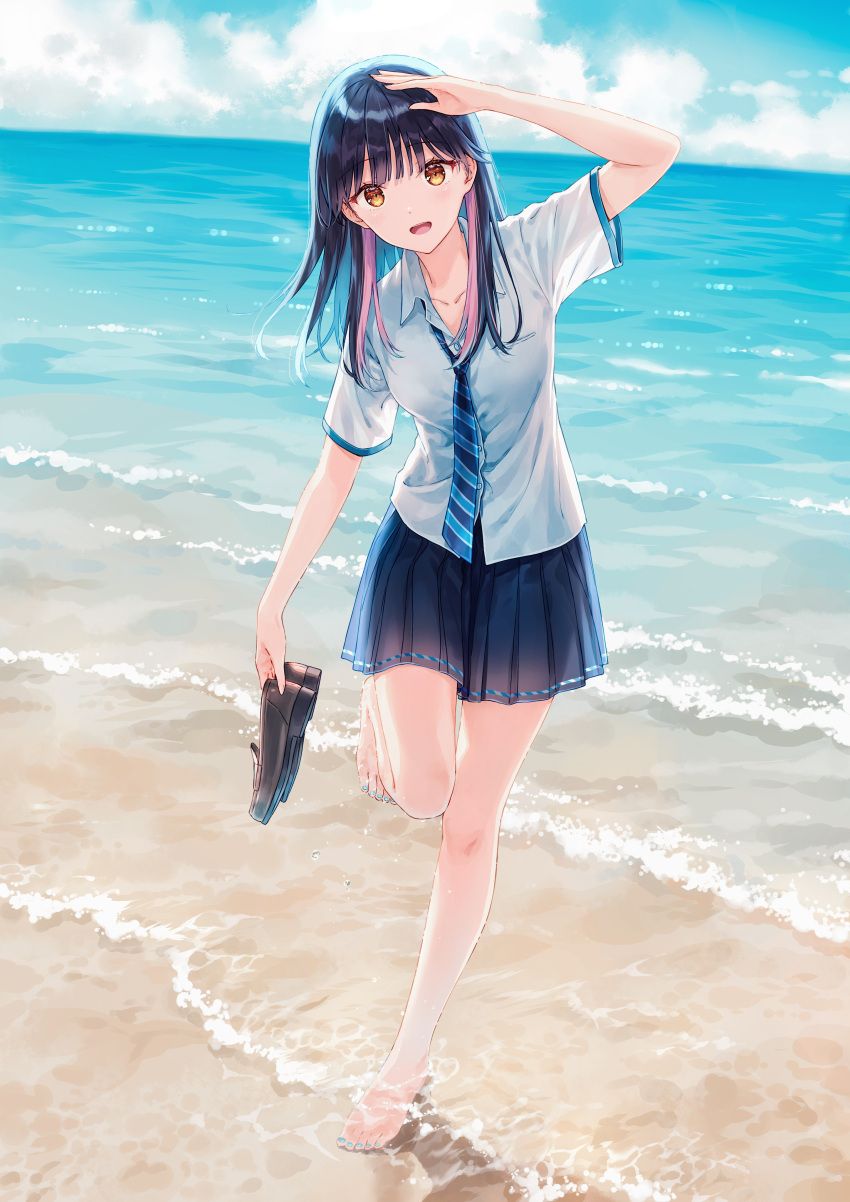 1girl absurdres bangs barefoot beach black_hair blue_hair blue_skirt blue_sky brown_eyes clouds collared_shirt colored_inner_hair commentary_request day dengeki_bunko feet full_body highres hiten_(hitenkei) holding holding_shoes long_hair looking_at_viewer multicolored_hair ocean outdoors pink_hair pleated_skirt school_uniform second-party_source shirt shoes short_sleeves skirt sky solo streaked_hair toes two-tone_hair white_shirt