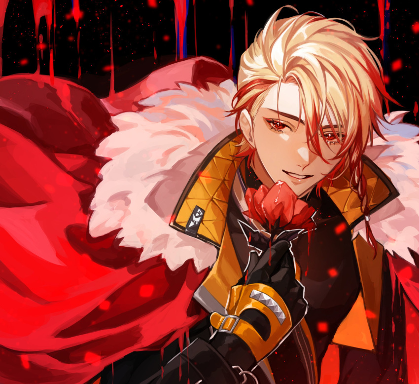 1boy alternate_eye_color ambiguous_red_liquid axel_syrios black_background black_gloves black_jacket black_shirt blonde_hair braid cape commentary crescent_(cgcrescent) english_commentary flower fur-trimmed_cape fur_trim gloves hair_between_eyes highres holding holding_flower holostars holostars_english jacket leash looking_at_viewer male_focus multicolored_hair parted_lips queen_(vocaloid) red_cape red_eyes red_flower red_rose redhead rose shirt short_hair side_braid smile solo streaked_hair turtleneck upper_body virtual_youtuber