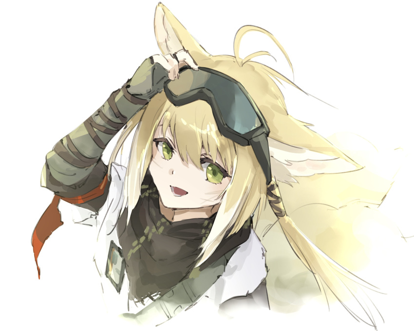 1girl :d absurdres animal_ear_fluff animal_ears antenna_hair arknights arm_up bangs blonde_hair e-bushi elbow_gloves fingerless_gloves fox_ears fox_girl fox_tail gloves goggles goggles_on_head green_eyes green_gloves hair_between_eyes highres jacket kitsune long_hair looking_at_viewer multicolored_hair simple_background smile solo suzuran_(arknights) suzuran_(lostlands_flowering)_(arknights) tail two-tone_hair upper_body white_background white_hair white_jacket