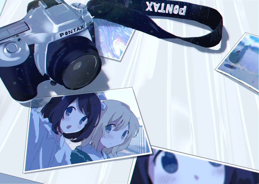 2girls :o bag blonde_hair brand_name_imitation brown_hair camera closed_mouth commentary_request dress hairband indoors maribel_hearn multiple_girls open_mouth outdoors pentax photo_(object) picture_frame selfie shirt short_hair table tamagogayu1998 touhou usami_renko white_shirt