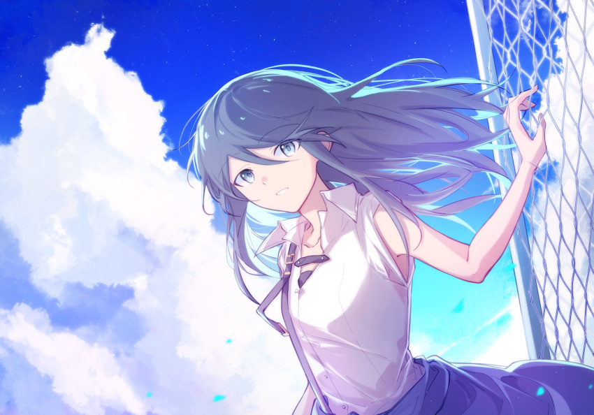1girl bangs bare_arms black_hair blue_eyes blue_sky blue_theme buttons chain-link_fence clouds cloudy_sky collarbone collared_shirt cumulonimbus_cloud day dot_nose dutch_angle eyes_visible_through_hair fence floating_hair hand_rest hand_up hibioes high_collar highres hoshino_ichika_(project_sekai) light_smile long_hair looking_at_viewer outdoors parted_lips project_sekai shiny shiny_hair shirt sky sleeveless sleeveless_shirt solo star_(sky) starry_sky suspenders swept_bangs tsurime upper_body white_shirt wind wind_lift