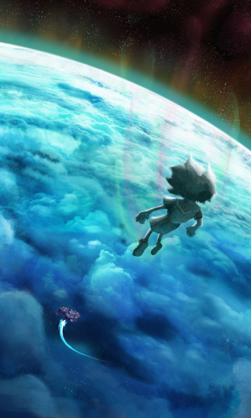 1girl absurdres amphibia anne_boonchuy atmospheric_reentry clouds duckmeat_woohoo falling frobo from_behind highres planet robot shirt shoes short_sleeves skirt sky space spoilers star_(sky) starry_sky