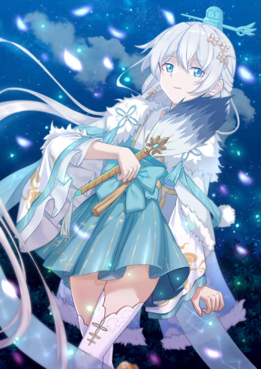 1girl :d bangs blue_eyes chinese_clothes clouds cloudy_sky earrings hair_ornament hand_fan highres holding holding_fan honkai_(series) honkai_impact_3rd jewelry lazy_yuanying long_hair long_sleeves looking_at_viewer night night_sky open_mouth outdoors petals sky smile solo theresa_apocalypse theresa_apocalypse_(starlit_astrologos) thigh-highs white_hair white_thighhighs zhuge_kongming_(honkai_impact)