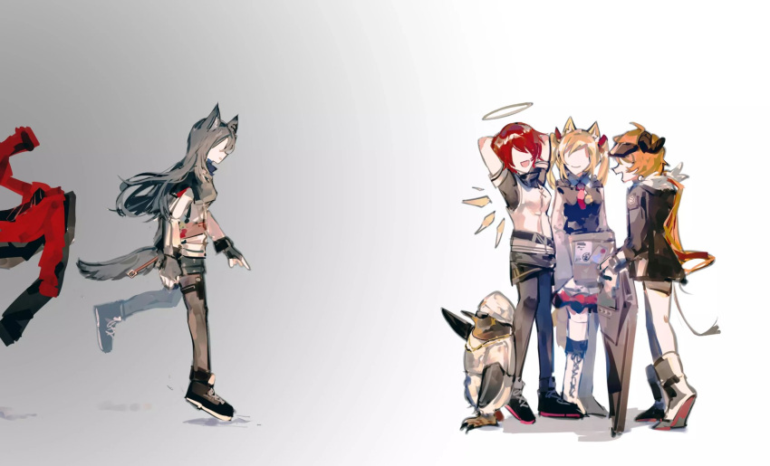 1other 4girls animal_ear_fluff animal_ears arknights arms_behind_head bird black_capelet black_gloves black_hair black_jacket black_shorts blonde_hair capelet commentary_request croissant_(arknights) detached_wings energy_wings exusiai_(arknights) fingerless_gloves fur-trimmed_jacket fur_trim gloves halo highres jacket long_hair multiple_girls open_mouth pantyhose penguin penguin_logistics_(arknights) raglan_sleeves redhead shorts sora_(arknights) texas_(arknights) the_emperor_(arknights) thigh_strap twintails visor_cap white_jacket wings wolf_ears wolf_girl youyu_tian