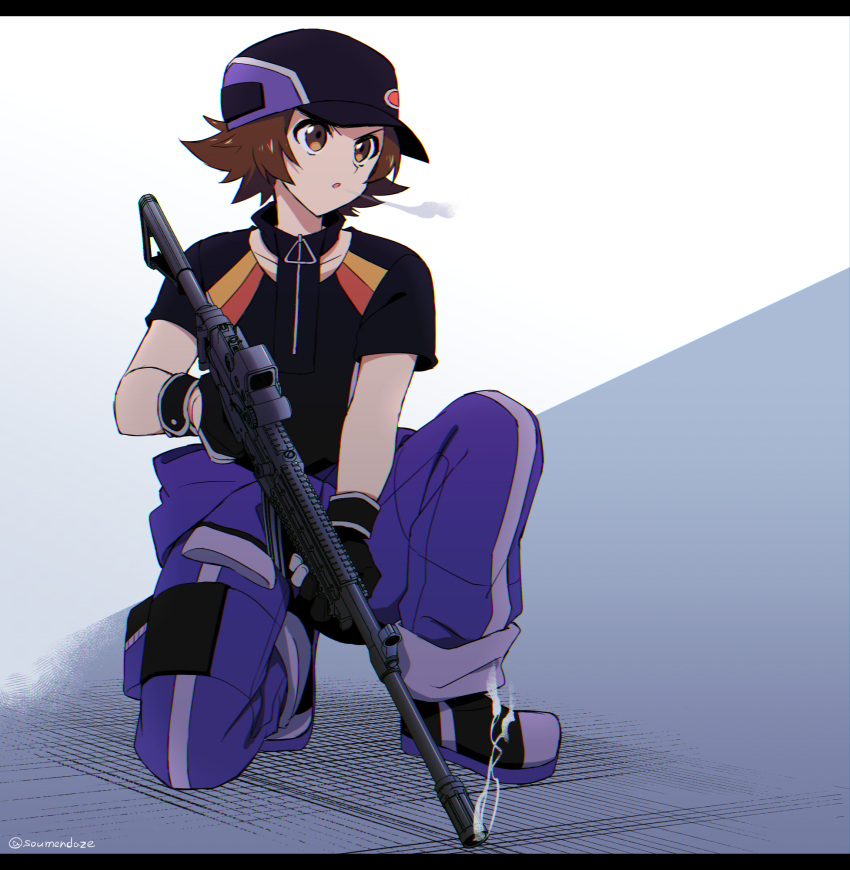 1boy assault_rifle baseball_cap brown_eyes brown_hair gloves gun hat highres hilbert_(pokemon) hilbert_(sygna_suit)_(pokemon) holding holding_weapon kneeling male_focus official_alternate_costume open_mouth pokemon pokemon_(game) pokemon_masters_ex rifle smoke solo soumendaze twitter_username v-shaped_eyebrows weapon