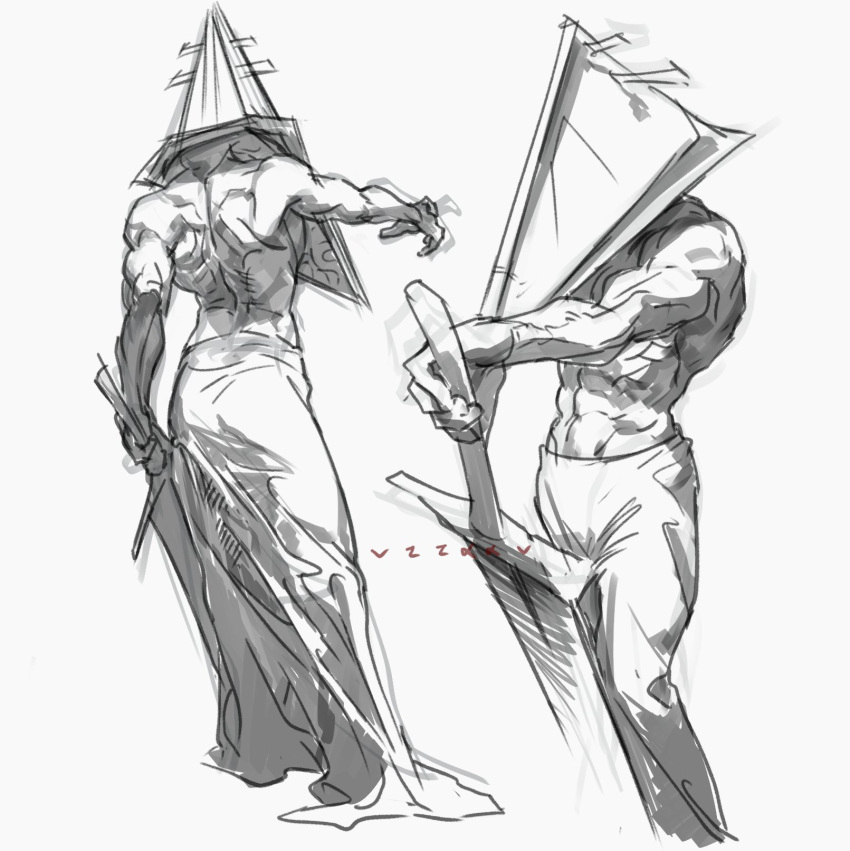 1boy artist_name full_body greatsword greyscale groin hand_up highres holding holding_sword holding_weapon male_focus monochrome moowm object_head pyramid_head silent_hill_(series) simple_background sketch skirt solo standing sword toned toned_male topless_male weapon white_background