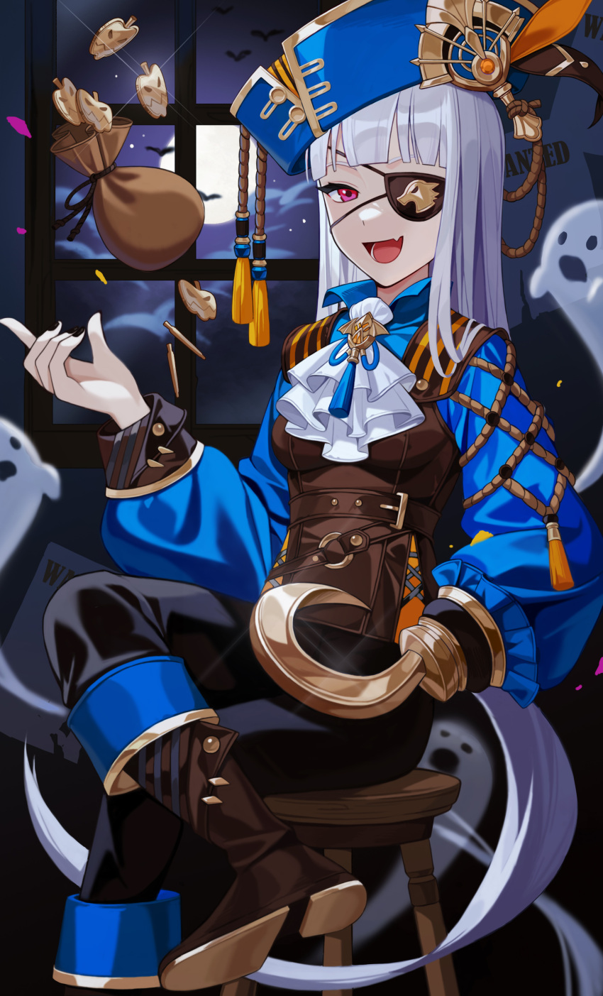 1girl :d absurdres animal_ears ascot bag black_pants blue_headwear blue_jacket boots breasts brown_footwear clouds commentary_request eyebrows_hidden_by_hair eyepatch feet_out_of_frame full_moon ghost gold_ship_(umamusume) grey_hair halloween highres hook_hand horse_ears horse_girl horse_tail indoors jacket long_hair long_sleeves medium_breasts moon naeng_chim night night_sky pants pirate_costume puffy_long_sleeves puffy_sleeves red_eyes shoe_soles sitting sky smile solo stool tail umamusume very_long_hair white_ascot window