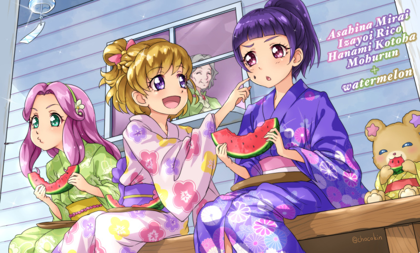 4girls :d asahina_mirai bangs blonde_hair blunt_bangs bow chestnut_mouth chocokin closed_eyes eating floral_print food fruit green_eyes green_hairband green_kimono grey_hair hair_bow hair_intakes hairband hanami_kotoha high_ponytail izayoi_liko japanese_clothes kimono long_hair long_sleeves mahou_girls_precure! mofurun_(mahou_girls_precure!) multiple_girls one_side_up pink_bow pink_hair pink_kimono precure print_kimono purple_hair purple_kimono red_eyes shiny shiny_hair short_hair smile stuffed_animal stuffed_toy teddy_bear twitter_username violet_eyes watermelon wide_sleeves wind_chime yuuki_kanako