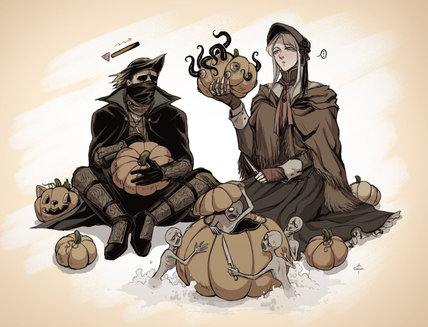 1boy 1girl ascot bangs bloodborne bonnet boots capelet cloak coat damien_v_grimm doll_joints dress gloves halloween hat hunter_(bloodborne) jack-o'-lantern joints knife long_sleeves mask messengers_(bloodborne) mouth_mask plain_doll pumpkin short_hair sitting tentacles tricorne white_hair