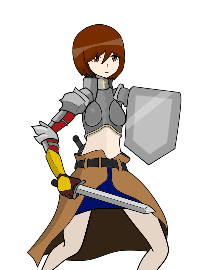 1girl armor botaro_kubo brown_eyes brown_hair costume dnd highres holding holding_sword holding_weapon original paladin shield short_hair short_sword smile sword tomboy trang weapon