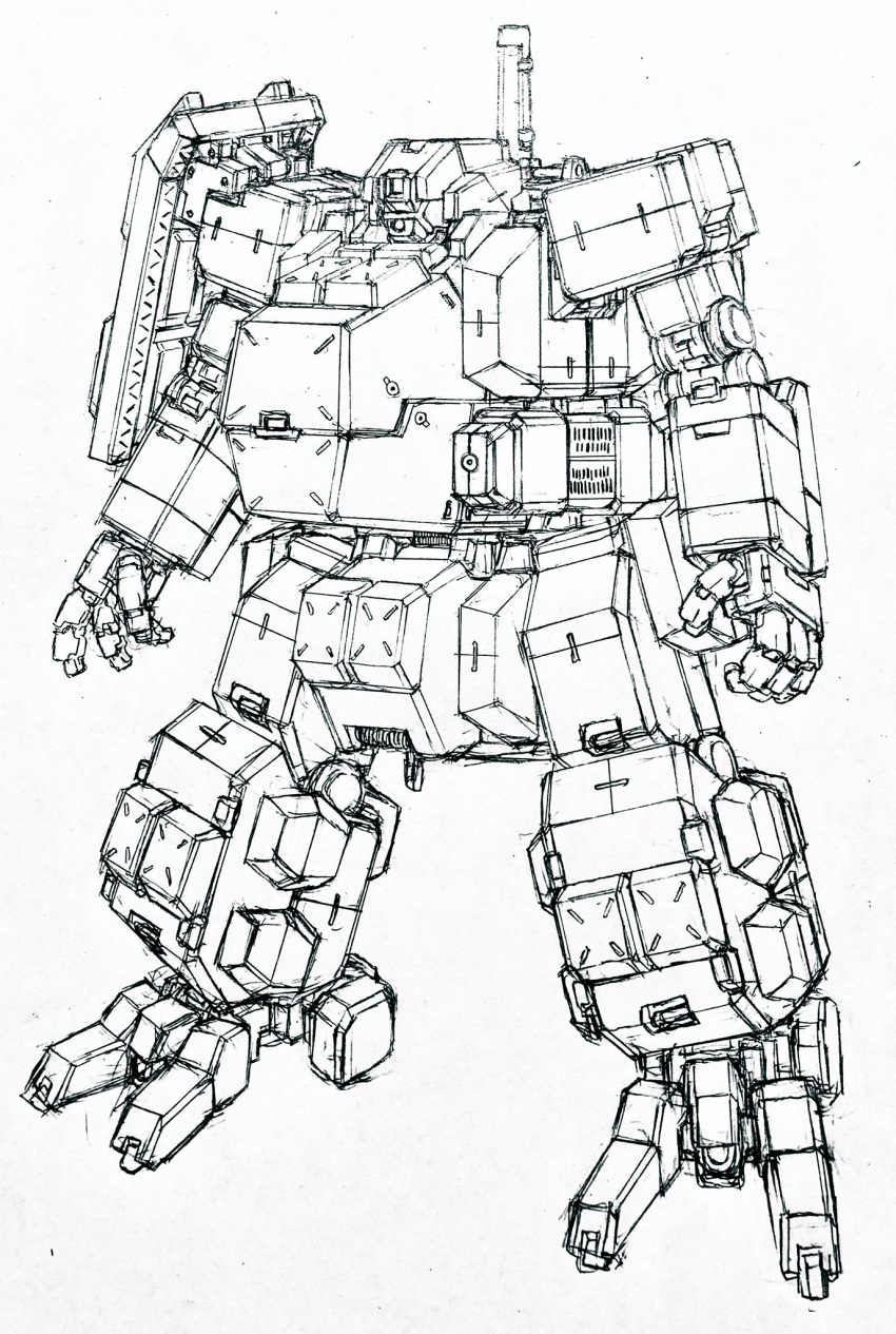 autobot full_body gradient gradient_background greyscale highres ink_(medium) looking_ahead mecha monochrome no_humans okamoto_hiroshi one-eyed open_hands original robot science_fiction solo standing traditional_media white_background