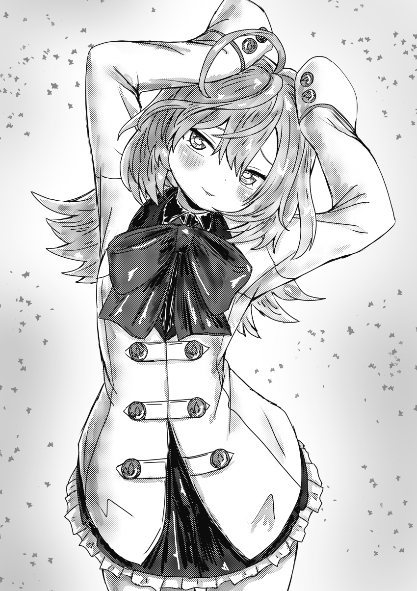 1girl absurdres ahoge ao_daidai_ki arms_up assault_lily bangs blush bow bowtie bunny_pose buttons closed_mouth commentary cowboy_shot frilled_skirt frills gradient gradient_background grey_background greyscale hair_between_eyes halftone head_tilt herensuge_girls_academy_school_uniform highres jacket long_hair long_sleeves looking_at_viewer miniskirt monochrome oversized_clothes partially_unbuttoned sasaki_ran school_uniform skirt sleeves_past_fingers sleeves_past_wrists smile solo standing white_background