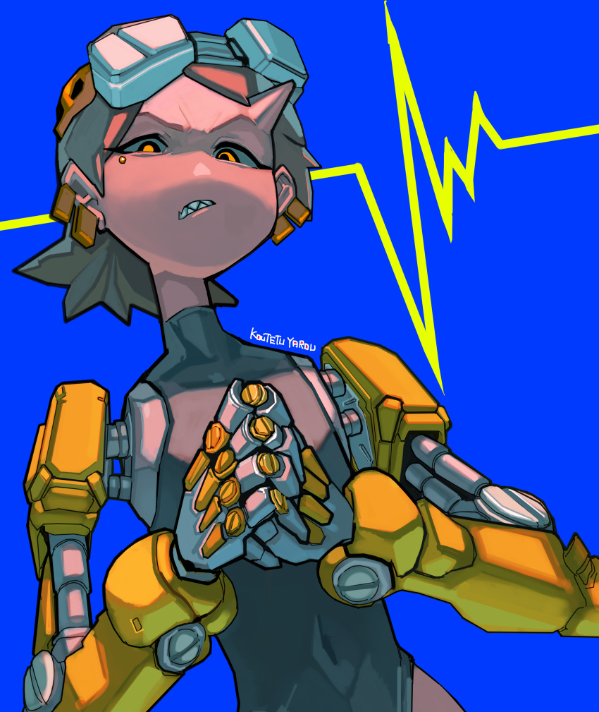 1girl absurdres blue_background blue_hair covered_navel cracking_knuckles cyberpunk cyborg earrings goggles goggles_on_head highres horns jewelry koutetu_yarou leotard looking_at_viewer mechanical_arms orange_eyes original own_hands_together prosthesis prosthetic_arm scowl sharp_teeth signature single_horn solo teeth
