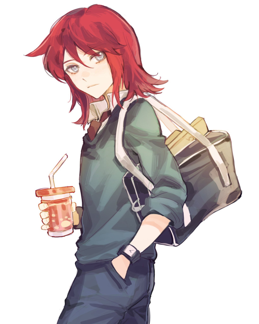 1boy bag bangs closed_mouth collared_shirt commentary cup drinking_straw from_side grey_eyes hair_between_eyes hand_in_pocket highres holding holding_cup male_focus medium_hair necktie pants pokemon pokemon_(game) pokemon_gsc red_hair redhead shirt silver_(pokemon) simple_background solo sweater watch white_background xiguamao41