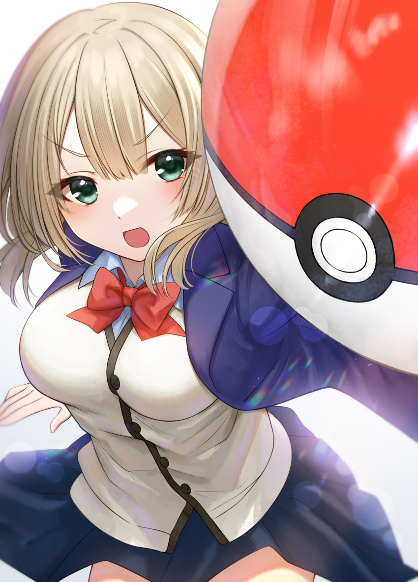 1girl :d absurdres akky_(akimi1127) bangs black_skirt blue_jacket blush bow bowtie breasts collared_shirt commentary_request dress_shirt gradient gradient_background green_eyes grey_background highres holding holding_poke_ball jacket light_brown_hair long_hair looking_at_viewer medium_breasts official_art open_clothes open_jacket open_mouth original poke_ball poke_ball_(basic) pokemon red_bow school_uniform shirt skirt smile solo v-shaped_eyebrows white_background white_shirt