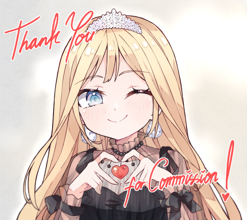 1girl ;) absurdres black_dress blonde_hair blue_eyes closed_mouth commentary diamond_earrings dress earrings english_commentary english_text heart heart_hands highres hololive hololive_english jewelry kukie-nyan long_hair looking_at_viewer official_alternate_hair_length official_alternate_hairstyle one_eye_closed see-through see-through_sleeves smile solo tiara upper_body very_long_hair virtual_youtuber watson_amelia