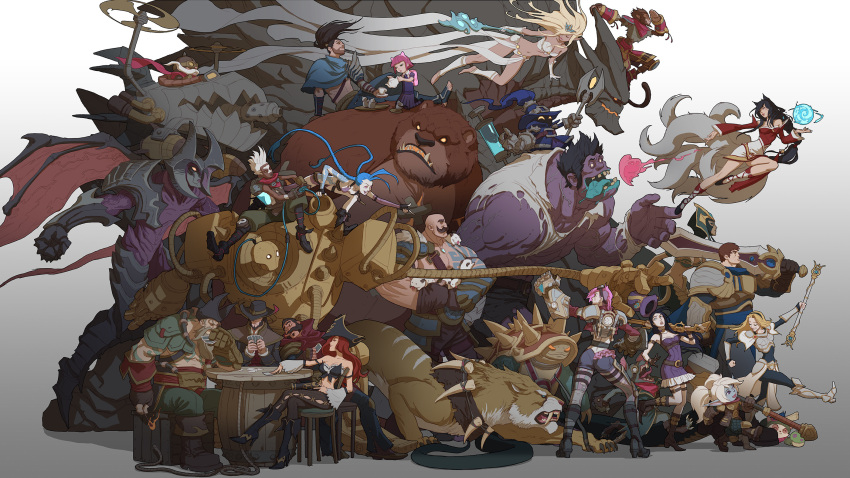 6+boys 6+girls aatrox ahri_(league_of_legends) aircraft animal_ears annie_(league_of_legends) armor ass bald barrel bear beard black_hair blitzcrank blonde_hair blue_hair braid braum_(league_of_legends) breasts brown_hair caitlyn_(league_of_legends) card cassiopeia_(league_of_legends) chair character_request child cigar colored_skin corki crate cup dark-skinned_male dark_skin demon_wings dr._mundo ekko_(league_of_legends) english_commentary facial_hair female_child fox_ears fox_tail gangplank_(league_of_legends) garen_(league_of_legends) gauntlets graves_(league_of_legends) gun hammer hat hat_removed headwear_removed heart highres holding holding_card holding_gun holding_hammer holding_staff holding_sword holding_wand holding_weapon janna_(league_of_legends) jason_chan jinx_(league_of_legends) kumiho lamia large_breasts league_of_legends long_hair lux_(league_of_legends) machine_gun malphite mechanical_arms medium_breasts medium_hair miss_fortune_(league_of_legends) monkey_tail monster monster_girl multiple_boys multiple_girls multiple_tails muscular muscular_male mustache navel official_art orb pink_hair pirate_hat playing_card pointy_ears ponytail poppy_(league_of_legends) poro_(league_of_legends) propeller purple_skin rammus rifle robot rope sabretooth_tiger sharp_teeth short_hair shoulder_armor shoulder_tattoo sitting spiked_shell staff sword syringe table tail tattoo teacup teapot teeth tibbers tongue tongue_out torn_clothes twin_braids twisted_fate veigar veins very_long_hair vi_(league_of_legends) wand weapon white_hair wings wukong_(league_of_legends) yasuo_(league_of_legends) yellow_eyes yordle