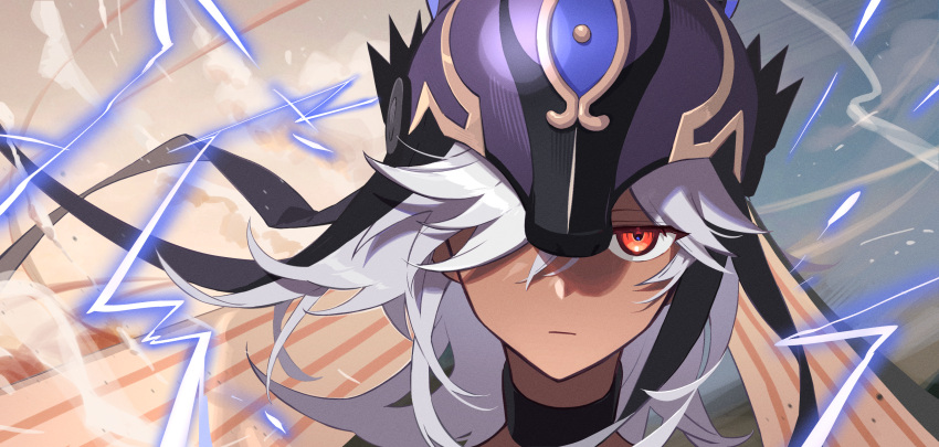 1boy animal_hat bangs black_choker choker closed_mouth commentary cyno_(genshin_impact) dark-skinned_male dark_skin electricity genshin_impact hair_between_eyes hair_over_one_eye hat highres long_hair looking_at_viewer male_focus portrait purple_headwear red_eyes sand solo symbol-only_commentary white_hair xiu_xxx_wu