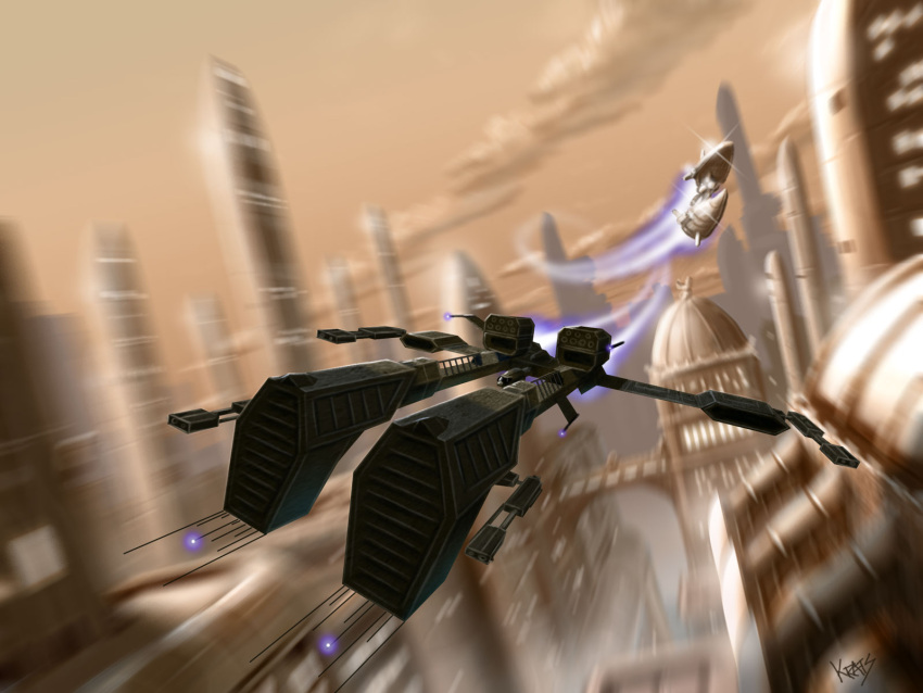 aircraft amarr_empire_(eve_online) artist_name brown_sky brown_theme building city clouds cloudy_sky commentary day eve_online executioner_(eve_online) flying frigate_(eve_online) glowing highres krats military military_vehicle minmatar_republic_(eve_online) motion_blur no_humans outdoors photoshop_(medium) rifter_(eve_online) science_fiction sky skyscraper spacecraft