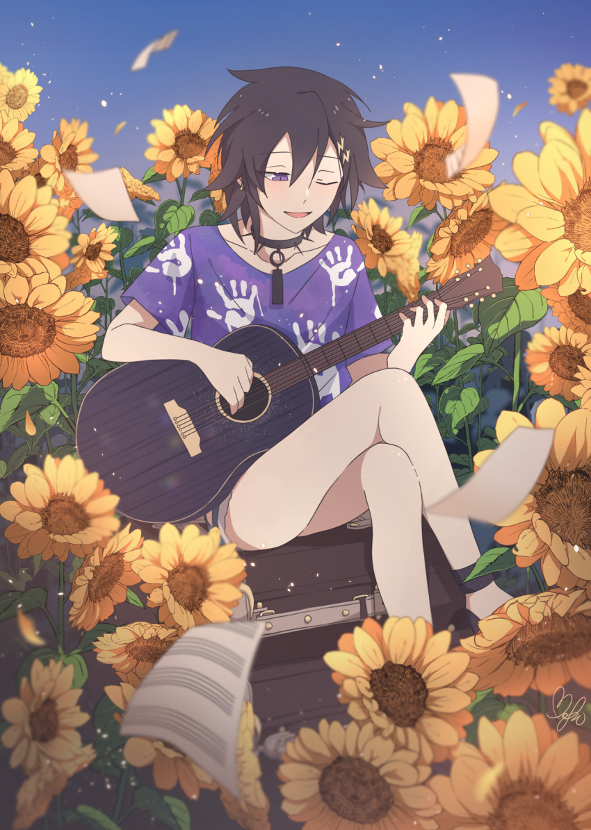 1boy ;d acoustic_guitar black_collar black_footwear black_hair box collar crossed_legs denim denim_shorts feet_out_of_frame flower flying_paper guitar hair_between_eyes hair_ornament hairclip hand_print highres holostars instrument kanade_izuru light_particles lightning_bolt_hair_ornament lightning_bolt_symbol looking_down male_focus music nekoromancer one_eye_closed paper playing_instrument purple_shirt sheet_music shirt short_hair short_shorts shorts signature sitting sitting_on_box smile solo spiked_collar spikes sunflower violet_eyes virtual_youtuber yellow_flower