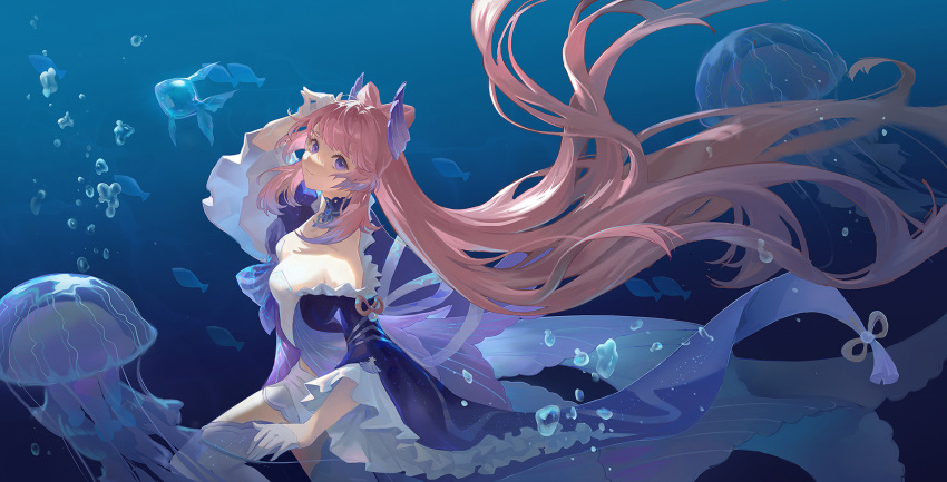 1girl air_bubble bare_shoulders bow-shaped_hair breasts bubble closed_mouth colored_tips detached_sleeves dress floating_hair frilled_babydoll frilled_sleeves frills genshin_impact gloves gradient_hair half_gloves highres jellyfish long_hair medium_breasts multicolored_hair pink_hair purple_hair sangonomiya_kokomi shuang_wu smile solo tassel thigh-highs thighs two-tone_hair underwater very_long_hair water white_gloves white_thighhighs