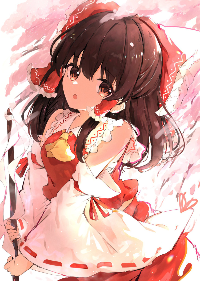 1girl ascot bare_shoulders bow brown_eyes brown_hair detached_sleeves gohei hair_between_eyes hair_bow hair_tubes hakurei_reimu highres holding hunya japanese_clothes long_hair looking_at_viewer nontraditional_miko open_mouth red_bow red_skirt ribbon-trimmed_sleeves ribbon_trim sidelocks skirt solo touhou upper_body wide_sleeves yellow_ascot yellow_neckwear