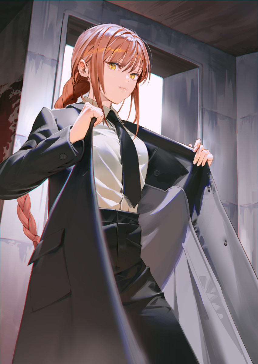 1girl bangs black_necktie black_pants braid braided_ponytail buttons chainsaw_man closed_mouth collared_shirt formal highres kitada_mo long_hair long_sleeves looking_at_viewer makima_(chainsaw_man) necktie orange_hair pants redhead shirt sidelocks single_braid suit uniform white_shirt yellow_eyes