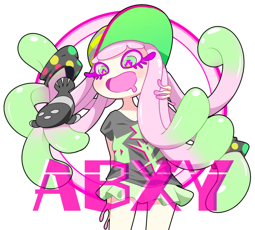 1girl bracelet clownfish colored_eyelashes commentary_request green_eyes green_hair group_name happy harmony's_clownfish_(splatoon) harmony_(splatoon) hat highres jelsamscout jewelry multicolored_eyes multicolored_hair open_mouth pink_hair skirt smile splatoon_(series) splatoon_1 splatoon_3 tentacle_hair two-tone_hair violet_eyes yellow_skirt