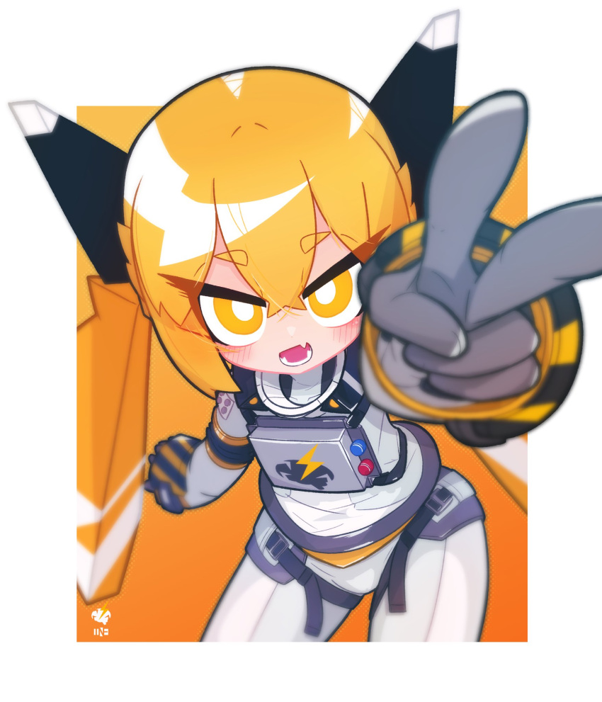 1girl :d arm_up bangs blonde_hair fang gloves grey_gloves hair_between_eyes highres ine_2 jacket long_hair long_sleeves looking_at_viewer orange_background orange_eyes original pants short_eyebrows sleeves_past_wrists smile solo thick_eyebrows twintails two-tone_background v very_long_hair white_background white_jacket white_pants