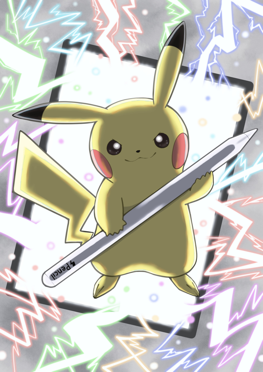 :3 absurdres closed_mouth commentary_request electricity highres holding holding_stylus looking_at_viewer no_humans pikachu pokemon pokemon_(creature) shun_(aptx4869-shellingford) smile solo stylus