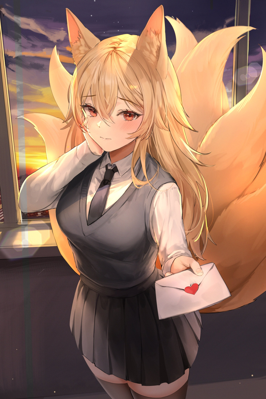 1girl absurdres animal_ear_fluff animal_ears black_necktie black_skirt black_thighhighs black_vest blonde_hair breasts closed_mouth collared_shirt cowboy_shot envelope evening fox_ears fox_girl fox_tail hand_on_own_face heart highres holding holding_envelope indoors korean_commentary lillly looking_at_viewer medium_breasts multiple_tails necktie orange_sky original outstretched_hand pleated_skirt red_eyes school_uniform shirt skirt sky solo tail taut_clothes thigh-highs vest white_shirt window zettai_ryouiki