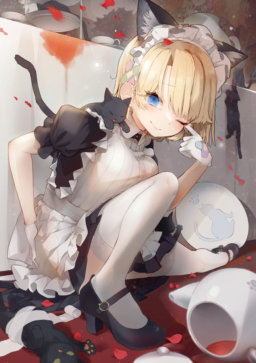 1girl animal_ears apron bandaid_hair_ornament bangs black_cat black_dress black_footwear blonde_hair blue_eyes blush breasts cat cat_ears cat_girl cat_tail closed_mouth commentary_request dress frilled_apron frills gauze gloves highres looking_at_viewer maid maid_headdress mary_janes medium_breasts mole mole_under_eye on_floor one_eye_closed original pantyhose petals plate pleated_skirt puffy_short_sleeves puffy_sleeves rose_petals saya_(sayaya) shoes short_hair short_sleeves skirt slit_pupils smile solo spill swept_bangs tail tea teapot tearing_up thigh-highs white_apron white_gloves white_legwear white_thighhighs