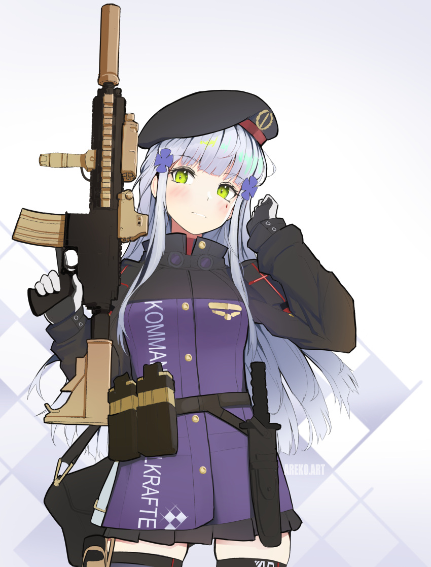 1girl absurdres ammunition_pouch arescr assault_rifle bangs beret facial_mark girls_frontline gloves green_eyes gun h&amp;k_hk416 hand_up hat highres hk416_(girls'_frontline) hk416_(girls_frontline) holding holding_weapon knife knife_holster long_hair looking_at_viewer military_jacket plaid plaid_skirt pouch rifle skirt solo teardrop teardrop_facial_mark teardrop_tattoo thigh-highs trigger_discipline weapon white_hair