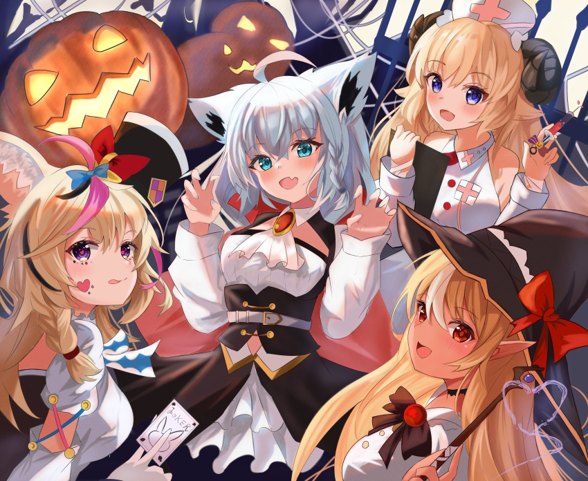 4girls absurdres ahoge animal_ear_fluff animal_ears bangs blonde_hair blue_eyes blush braid card claw_pose commentary_request fang fox_ears fox_girl green_eyes hair_between_eyes halloween halloween_costume hat highres holding holding_card holding_syringe holding_wand hololive horns jack-o'-lantern long_hair looking_at_viewer multicolored_hair multiple_girls nurse nurse_cap omaru_polka open_mouth pointy_ears pumpkin red_eyes sheep_girl sheep_horns shirakami_fubuki shiranui_flare sidelocks single_braid skin_fang smile smoke_heart soma443 streaked_hair syringe tongue tongue_out tsunomaki_watame violet_eyes virtual_youtuber wand white_hair witch_hat