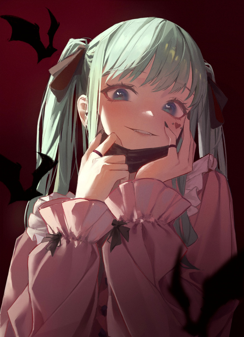 1girl absurdres anti-eyebrow_piercing aqua_hair bangs bat_(animal) black_nails black_ribbon blue_eyes breasts facial_mark fangs frilled_sleeves frills gradient gradient_background hair_ribbon hand_on_own_cheek hand_on_own_face hatsune_miku heart highres jewelry long_hair long_sleeves looking_at_viewer loong mask mask_pull mouth_mask nail_polish parted_lips pink_shirt red_background ribbon ring shirt smile solo upper_body vocaloid