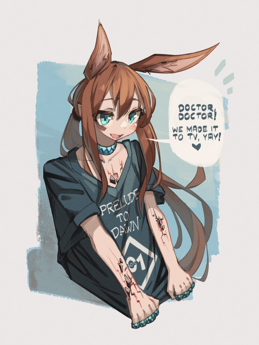 1girl absurdres amiya_(arknights) animal_ears arknights blue_background blue_collar blue_eyes blush border brown_hair bunny_ears choker clothes_writing collar collarbone english_text extra_ears gradient gradient_background grey_border hair_between_eyes heart highres jewelry long_hair looking_at_viewer multiple_rings neck_ring oripathy_lesion_(arknights) outside_border ponytail rabbit_ears rabbit_girl ring shirt shirt_tug short_sleeves sidelocks simple_background solo speech_bubble t-shirt togekk0 upper_body very_long_hair