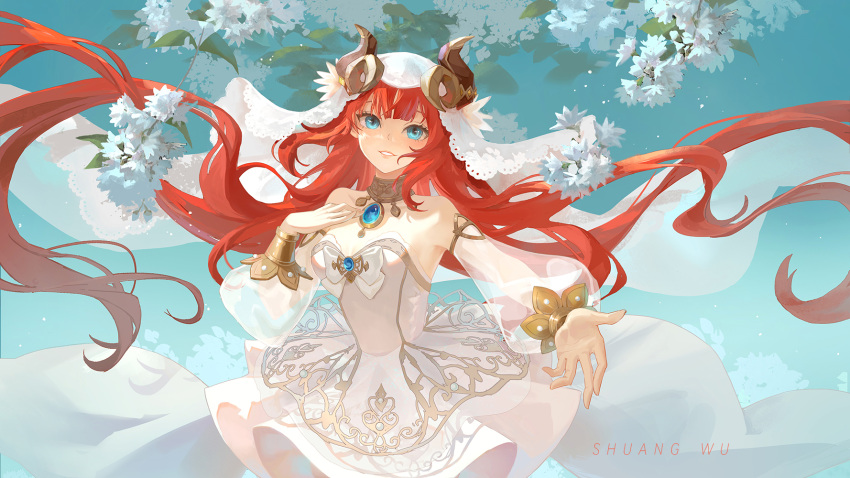 1girl alternate_costume artist_name bare_shoulders blue_eyes blue_gemstone bow breasts bridal_veil brooch detached_sleeves dress floating_hair flower gem genshin_impact hand_up highres horns jewelry long_hair long_sleeves medium_breasts neck_ring nilou_(genshin_impact) outstretched_hand parted_lips puffy_long_sleeves puffy_sleeves see-through see-through_sleeves shuang_wu smile solo strapless strapless_dress teeth twintails vambraces veil very_long_hair wedding_dress white_bow white_dress white_flower white_sleeves