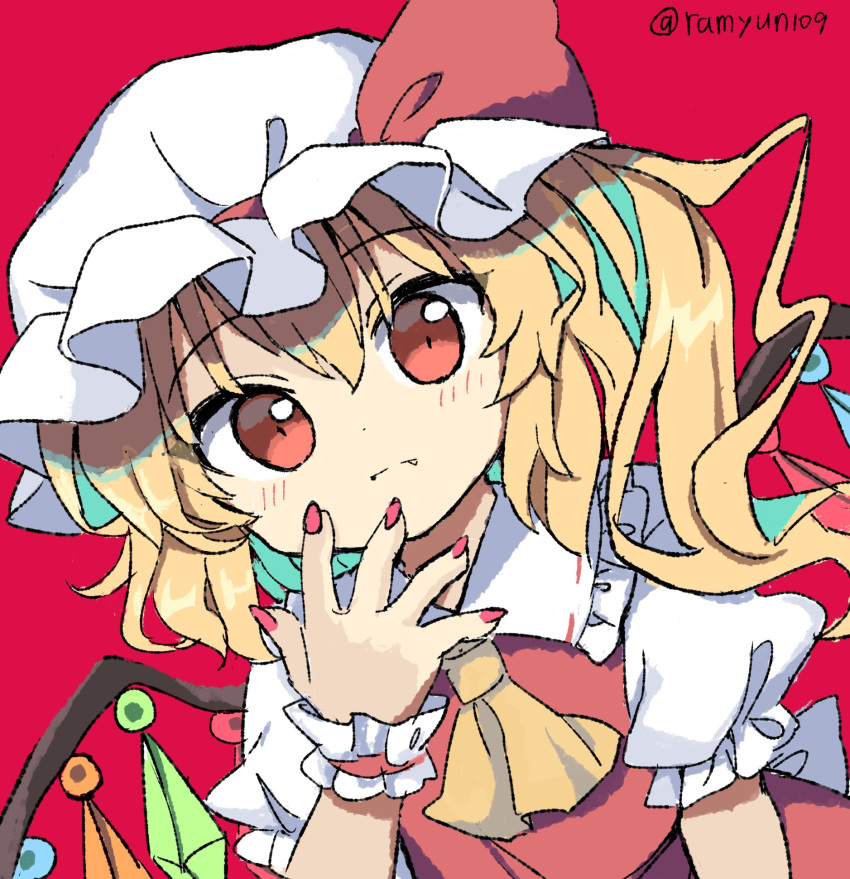 1girl ascot bangs blonde_hair closed_mouth crystal english_commentary flandre_scarlet hat hat_ribbon highres looking_at_viewer mob_cap nail_polish one_side_up pink_background puffy_short_sleeves puffy_sleeves ramudia_(lamyun) red_background red_eyes red_nails ribbon short_sleeves simple_background solo touhou twitter_username upper_body vest white_headwear wings wrist_cuffs yellow_ascot