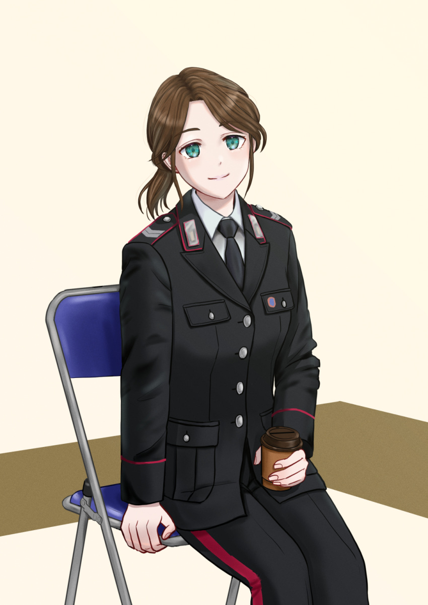 1girl bangs black_jacket black_necktie black_pants brown_hair carabinieri chair closed_mouth coffee_cup commentary cup disposable_cup drink green_eyes highres holding holding_cup holding_drink italy jacket long_sleeves necktie original pants piiiiiko pocket police police_uniform policewoman ponytail shirt sitting smile solo striped striped_pants uniform vertical-striped_pants vertical_stripes white_shirt