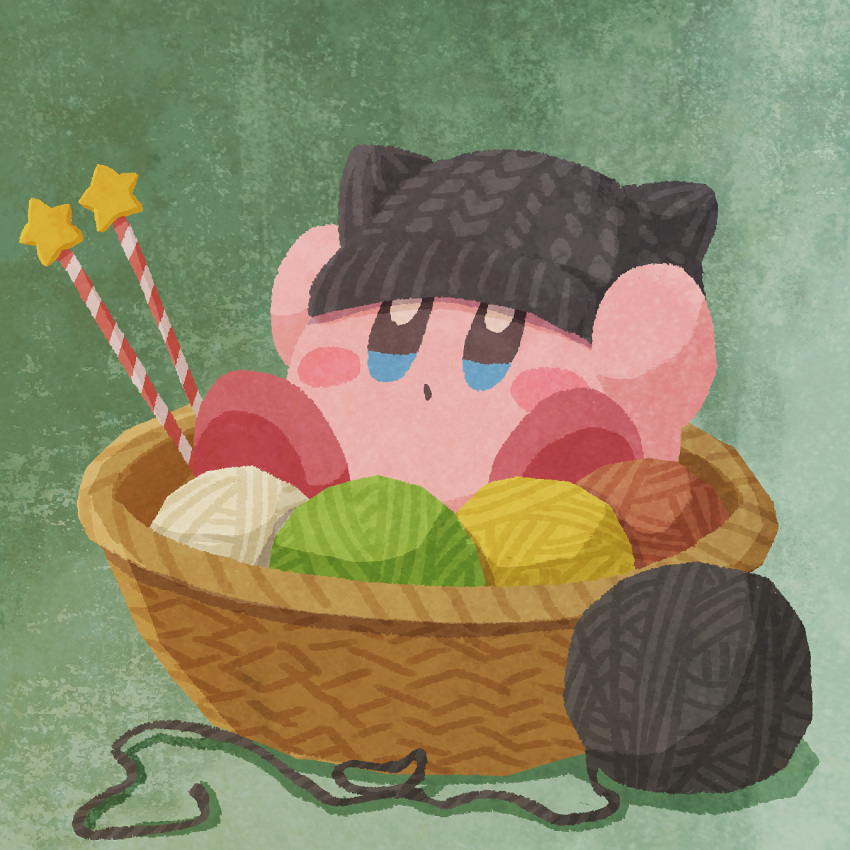 basket beanie commentary_request hat highres kirby kirby_(series) knitting_needle miclot needle no_humans sitting star_(symbol) yarn yarn_ball