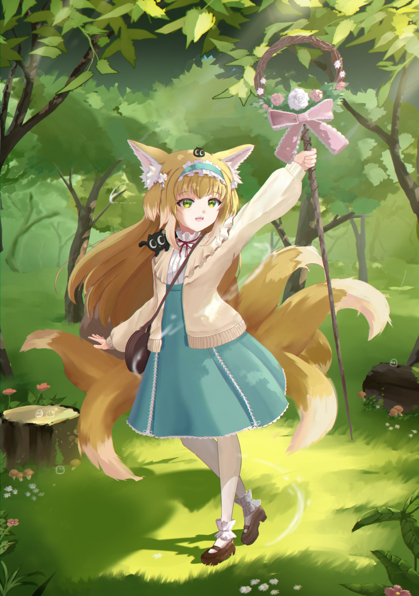 1girl :d absurdres animal animal_ear_fluff animal_ears animal_on_shoulder arknights arm_up bag bangs black_cat blonde_hair blue_hairband blue_skirt bow brown_footwear brown_jacket cat commentary day flower fox_ears fox_girl fox_tail frilled_hairband frills grass green_eyes hairband heixiu high-waist_skirt highres holding jacket kitsune log long_hair long_sleeves luoxiaohei neck_ribbon on_head open_clothes open_jacket outdoors pantyhose pink_bow pink_flower pink_rose puffy_long_sleeves puffy_sleeves red_ribbon ribbon rose shirt shoes shoulder_bag skirt smile soulblitz suzuran_(arknights) suzuran_(spring_praise)_(arknights) tail teeth the_legend_of_luo_xiaohei tree tree_stump upper_teeth very_long_hair white_flower white_pantyhose white_rose white_shirt
