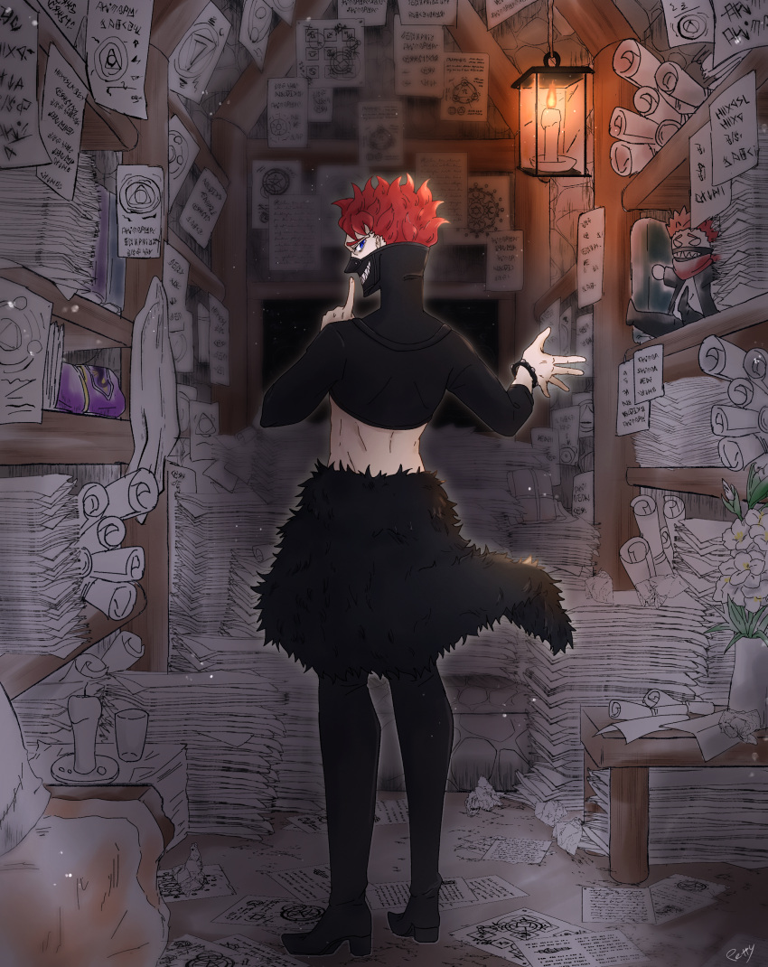 1boy absurdres back_turned black_clover black_mask black_pants blue_eyes character_doll highres lit_candle looking_at_viewer looking_back mask midriff mouth_mask notes pants paper peti_petty redhead sharp_teeth solo stuffed_toy teeth writing zora_ideale