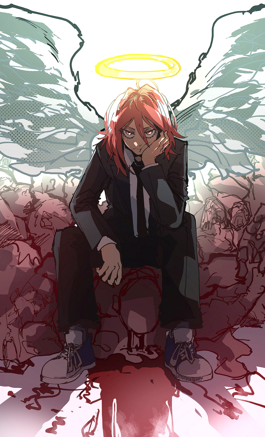 1boy absurdres angel angel_devil_(chainsaw_man) angel_wings bangs black_necktie black_pants blood blood_on_ground chainsaw_man collared_shirt d1thorneberry death feathered_wings formal hair_between_eyes halo head_on_hand head_rest highres long_hair looking_at_viewer necktie pants redhead shirt shoes simple_background sitting solo suit white_background white_shirt white_wings wings
