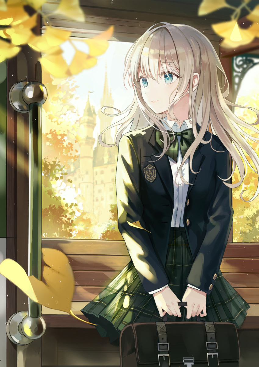 1girl bangs bench black_jacket blazer blonde_hair blue_eyes blurry blurry_background blush bow bowtie briefcase closed_mouth collared_shirt ginkgo_leaf green_bow green_bowtie green_skirt highres holding holding_briefcase indoors iren_lovel jacket leaf long_hair long_sleeves original plaid plaid_skirt pleated_skirt school_uniform shirt sitting skirt smile solo train_interior white_shirt window