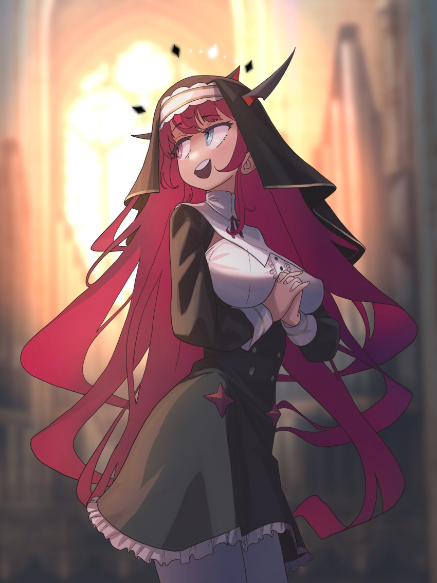 1girl bangs blue_eyes blurry blurry_background breasts church dress habit heterochromia highres hololive hololive_english horns indoors irys_(hololive) long_hair multicolored_hair nun open_mouth pointy_ears purple_hair redhead smile solo stained_glass virtual_youtuber zedd_(zedgawr)