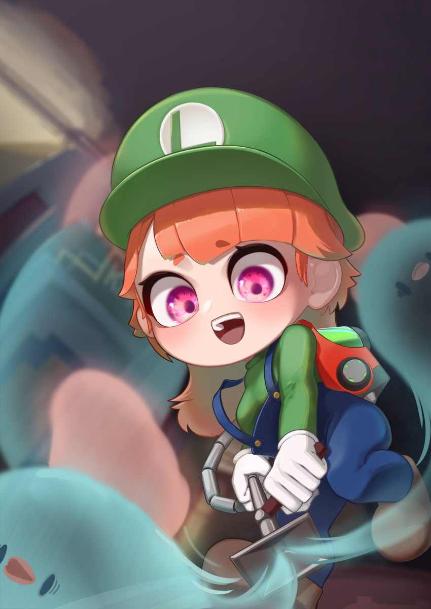 1girl :d absurdres appleblossomtea blue_overalls breasts brown_footwear cosplay ghost gloves green_headwear hat highres hitodama holding hololive hololive_english long_hair luigi luigi's_mansion luigi_(cosplay) open_mouth orange_hair overalls pink_eyes poltergust_3000 shoes smile strap_slip super_mario_bros. suspenders takanashi_kiara teeth upper_teeth vacuum_cleaner virtual_youtuber white_gloves